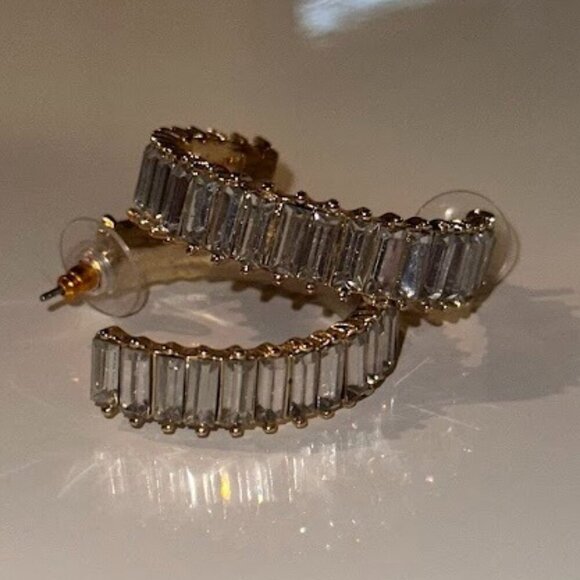 Gold Hoop Earrings with Baguette Crystals - Glam Statement Jewelry! - Picture 1 of 2